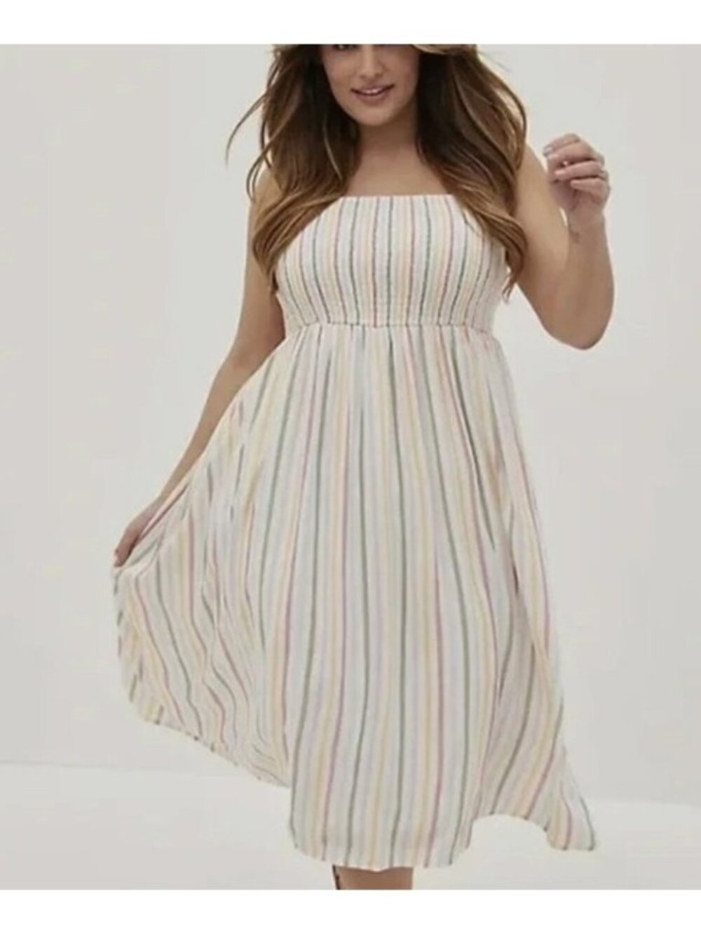 Torrid Multi Color Striped Smocked Ruffle Strap Sleeve Midi Lined Sun Dress 2XL
